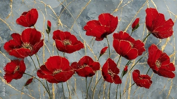 Obraz Elegant Red Poppy Floral Arrangement Against Textured Gray Background with Glittering Gold Veins Abstract Impressionist Style Wall Art Decor