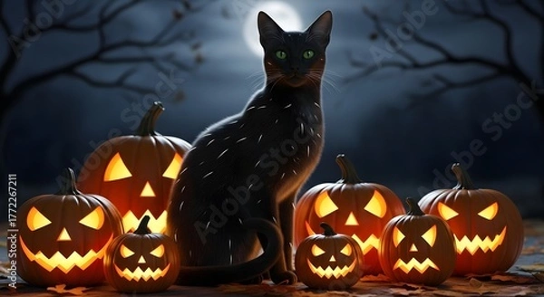 Fototapeta A black cat surrounded by glowing pumpkins in a foggy night, symbolizing mystery and superstition