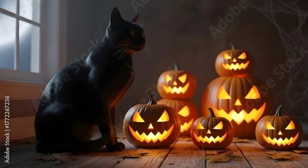 Fototapeta A black cat sits beside glowing jack-o’-lanterns in a dark room, creating a classic Halloween scene