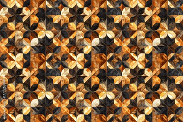 Fototapeta 水彩画の茶色と黒の幾何学模様、シームレスパターン背景