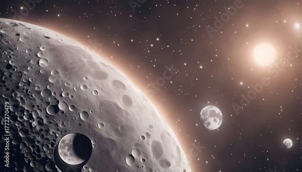 Fototapeta Exploring the detailed surface of a moon with distant planets and stars in a cosmic scene Generative AI