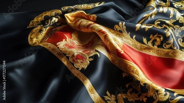 Fototapeta Luxurious black silk scarf with gold and red patterns draped on dark background