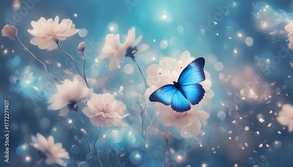 Fototapeta Beautiful blue butterfly resting on flowers in a serene garden setting with soft bokeh background Generative AI