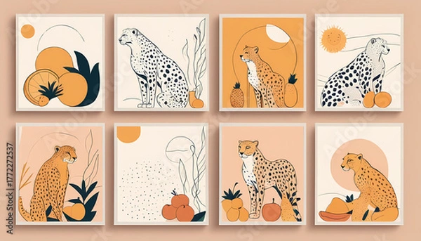 Fototapeta Colorful illustrations of leopards and tropical fruits showcase vibrant art style and modern design elements Generative AI