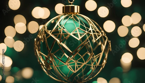 Fototapeta Golden decorative ornament shines brightly against a green backdrop with festive bokeh lights during the holiday season Generative AI