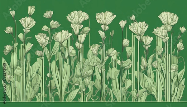 Fototapeta Beautiful green background with various light-colored flowers blooming in a garden setting during springtime Generative AI