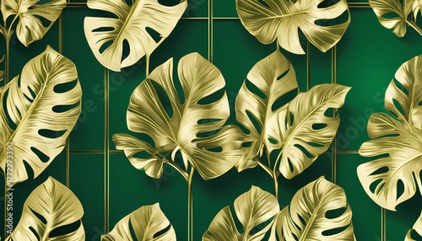 Fototapeta Vibrant gold monstera leaves on a rich green background create an elegant tropical design for home decor or events Generative AI