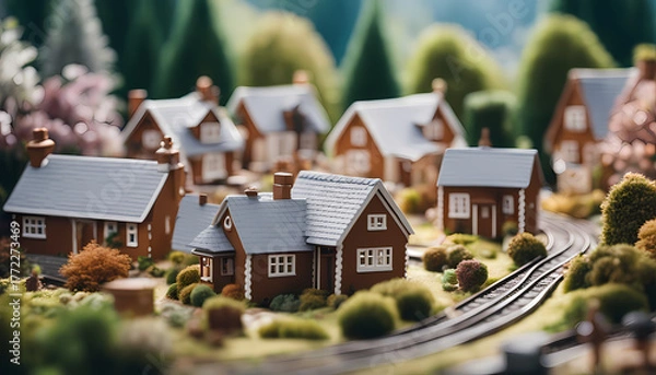 Fototapeta Charming model village with detailed houses and miniature railway set in a lush green landscape Generative AI