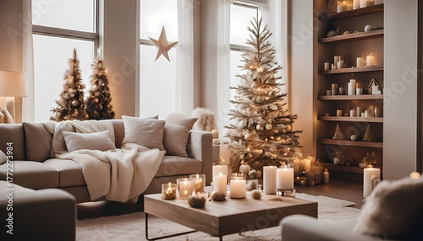 Fototapeta Cozy living room decorated for the holiday season with a tree, candles, and a warm atmosphere Generative AI