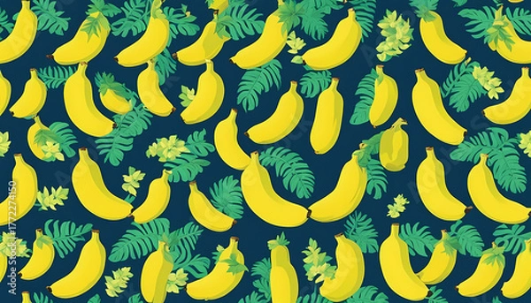 Fototapeta Bright yellow bananas and green leaves create a vibrant tropical pattern on a dark background Generative AI