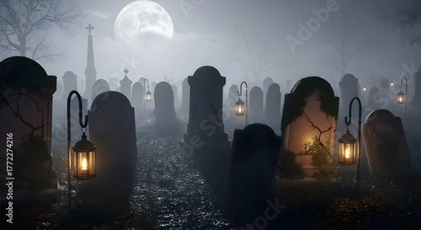 Fototapeta A foggy graveyard lit by lanterns under the moon, evoking a haunting Halloween atmosphere
