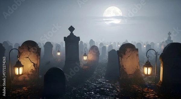 Fototapeta A haunting cemetery scene illuminated by moonlight and glowing lanterns