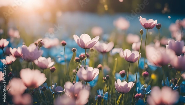Fototapeta Colorful flowers bloom in a sunlit meadow during springtime, showcasing nature's beauty and tranquility in a vibrant landscape Generative AI