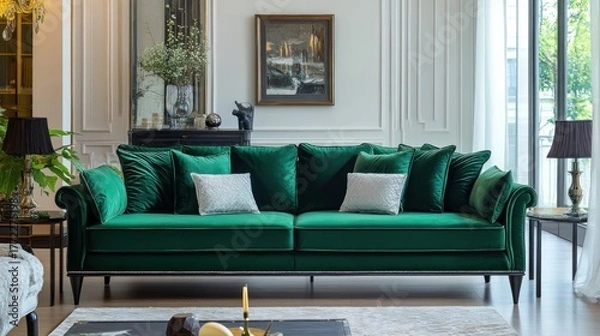 Obraz Luxurious emerald green velvet sofa in a modern classic living room with artwork and accessories