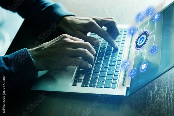Obraz 
Artificial Intelligence Technology Concept with Businessman Using Laptop and Digital Data Network Interface