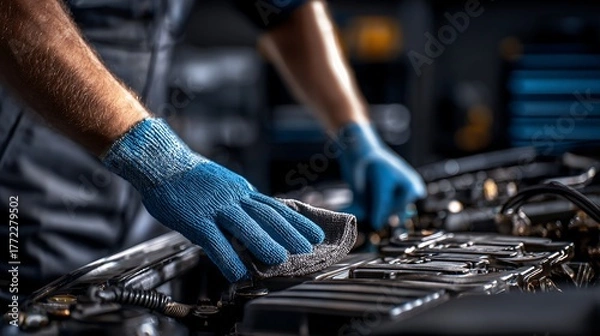 Obraz Mechanic Cleaning Car Engine