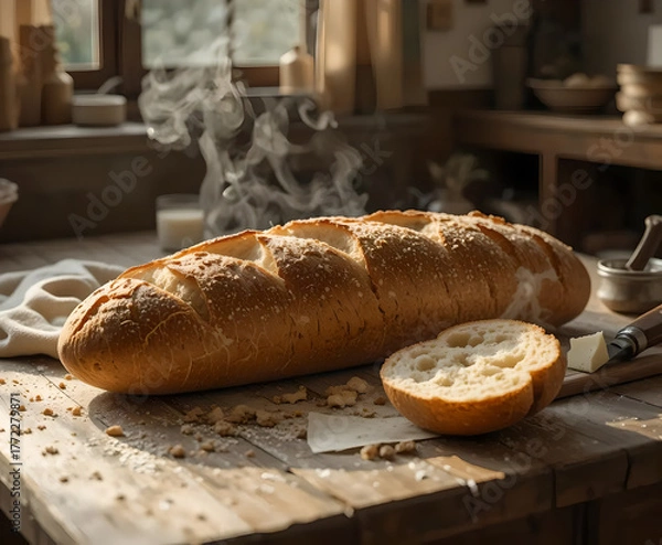 Fototapeta Freshly Baked Rustic Bread on a Wooden Table
