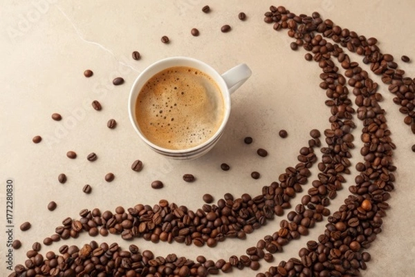 Obraz Freshly Brewed Coffee with Beans Artfully Arranged on a Table