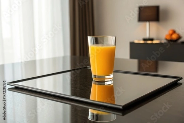 Fototapeta Refreshing Orange Juice Glass on Elegant Table with Soft Lighting