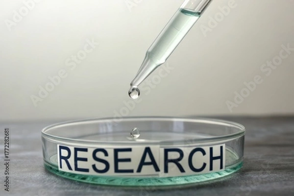 Fototapeta Droplet Falling on Petri Dish with Research Text in Laboratory Setting