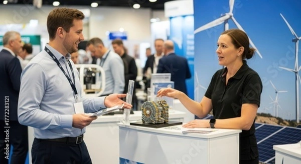 Fototapeta Professional conversation at a clean energy trade show, showcasing wind turbine and solar panel display, promoting renewable energy solutions
