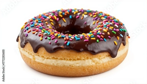 Obraz A donut with chocolate frosting and colorful sprinkles, isolated on white
