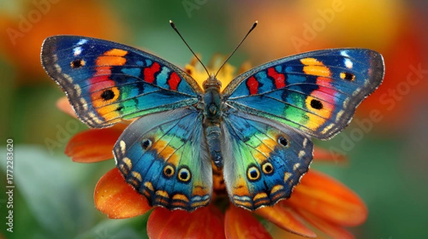 Fototapeta Colorful butterfly on orange flower