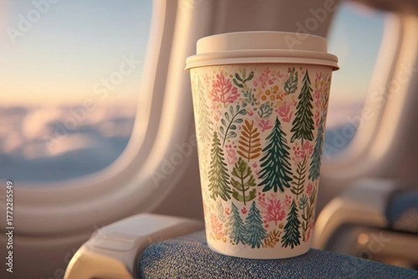 Fototapeta Holiday Travel Under Delays, festive paper cup with Christmas pattern resting on airplane armrest at sunrise, capturing inflight rituals, cozy solo travel routines and quiet seasonal delays in warm
