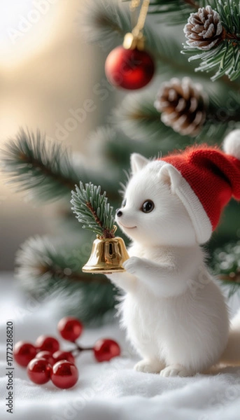 Fototapeta The Christmas concept. A composition with a Christmas tree and a white fox wearing a red hat and a golden bell. New Year's lights snow.