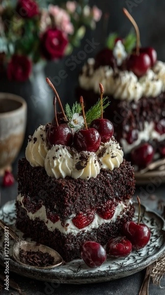 Obraz Artisan Chocolate Cake with Cherry Topping