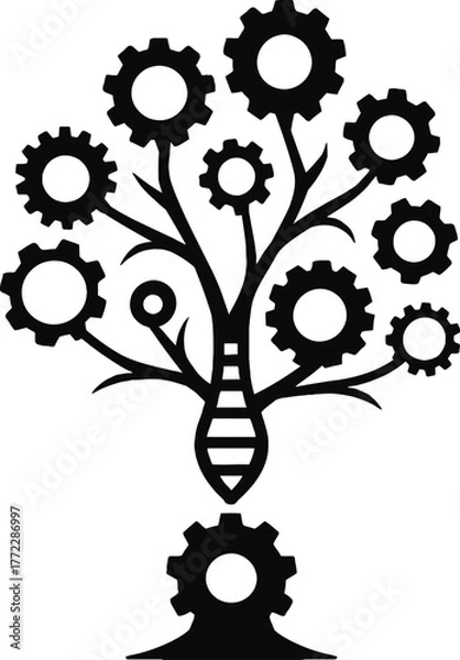 Fototapeta Mechanical Tree Silhouette with Gear Branches Fusion of Nature and Technology Vector Illustration