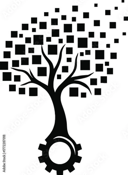 Fototapeta Digital Tree Silhouette with Pixel Foliage and Gear Base Technology and Nature Fusion Vector Illustration