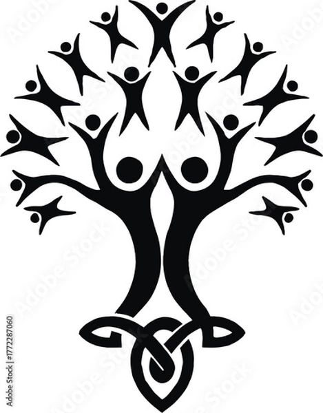 Fototapeta Tree of Life Silhouette with Human Figures and Celtic Knot Symbolic Unity and Growth Vector Illustration
