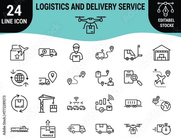 Fototapeta Web24 Logistics and Delivery Service Line Icons Set: Global Shipping, Fast Freight, Package Tracking, Drone Delivery, Warehouse Management, and Supply Chain Graphics - Editable Stroke Vector Pack