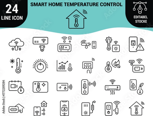 Fototapeta Web24 Smart Home Temperature Control Line Icons Set: Thermostat, HVAC System, Climate Management, Smart Air Conditioner, Energy Efficiency, and IoT Heating/Cooling Graphics - Editable Stroke Vector