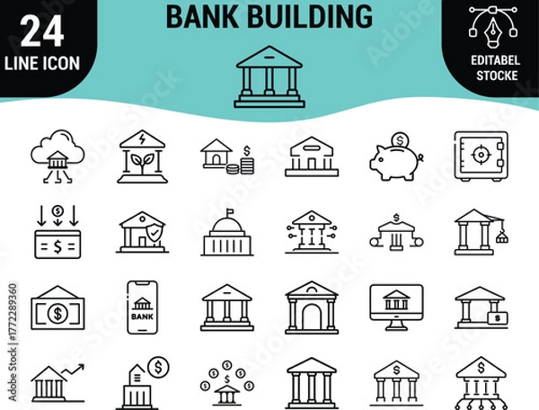 Fototapeta Web24 Bank Building Line Icons Set: Financial Institution, Government, Investment, Safe Deposit, Money Exchange, Online Banking, and Corporate Headquarters Graphics - Editable Stroke Vector Pack