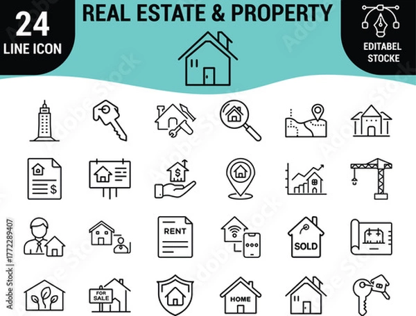 Fototapeta Web24 Real Estate and Property Line Icons Set: Buying, Selling, Renting, Home Search, Construction, Investment, and Smart House Graphics - Editable Stroke Vector Collection