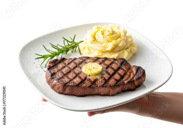 Obraz Grilled new york strip steak with mashed potatoes isolated on transparent background