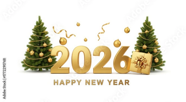 Fototapeta Golden New Year 2026 Celebration with Festive Trees and Gifts