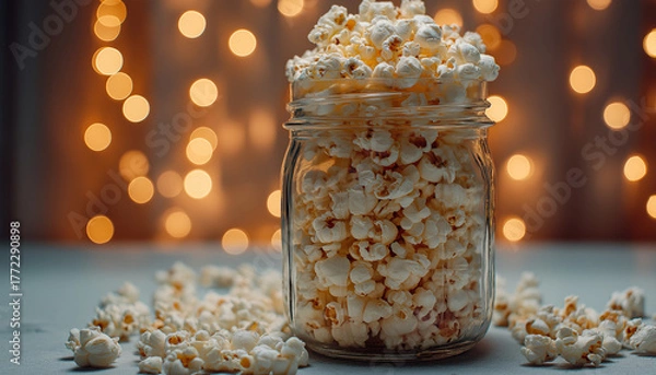 Obraz Popcorn in a jar as an concept of watching movies in cinema. Cinematographic background.	
