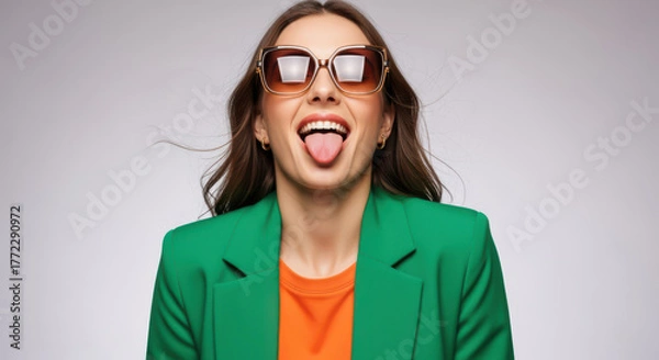 Fototapeta Happy woman with tongue out wearing sunglasses and colorful clothes