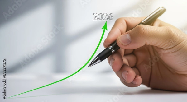 Fototapeta Projected business growth to 2026 showing increasing trend with a pen