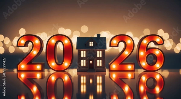 Fototapeta Real estate market forecast for 2026 with illuminated numbers and house