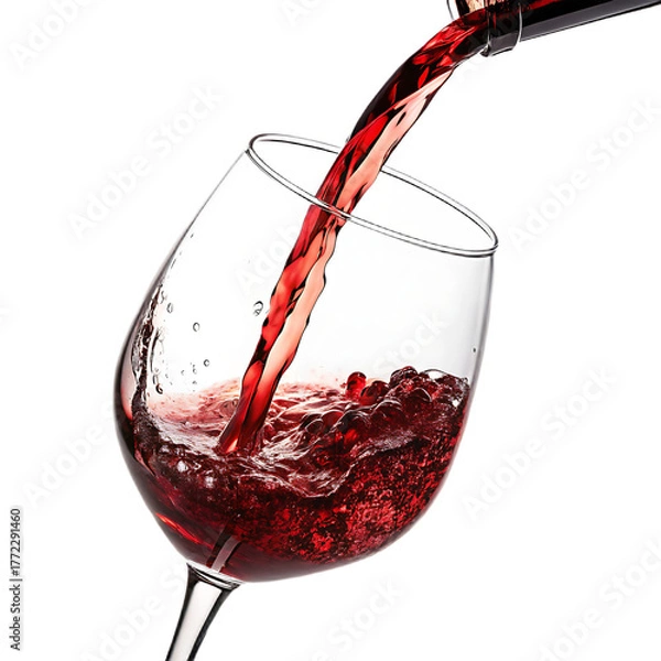 Fototapeta Red wine being poured into a clear glass with a black background in a close up shot of the drink