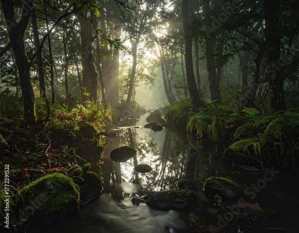 Fototapeta 太陽光が降り注ぐ神秘的な森の中に流れる小川