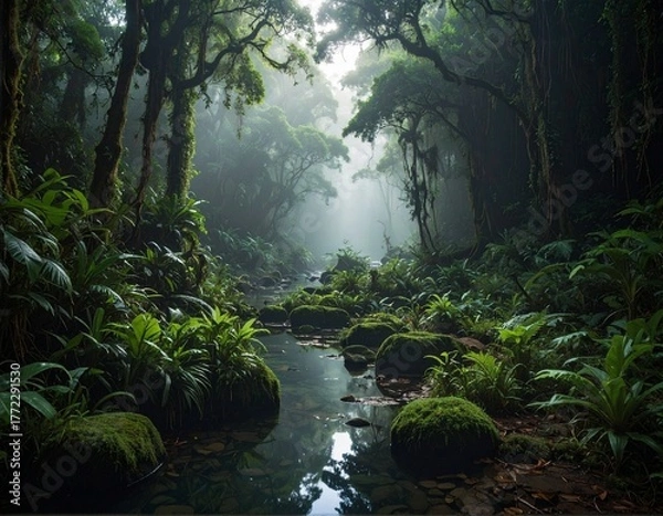 Fototapeta 薄暗い鬱蒼としたジャングルに流れる小川