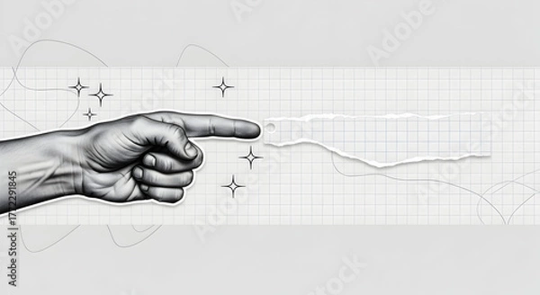 Fototapeta Guiding hand pointing to blank paper for advertising, design and text with room for your message or creative artwork