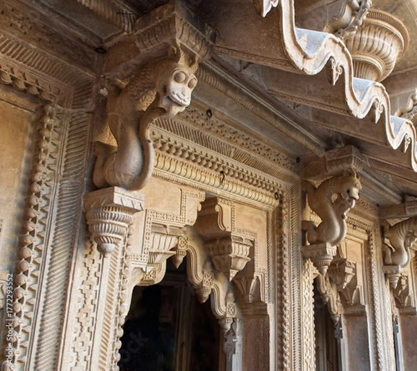 Fototapeta Stone carving depicting a mythological creature relief embedded inside Gwalior fort. Gwalior Qila, Madhya Pradesh, India.