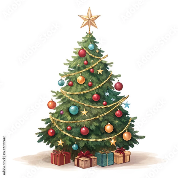 Fototapeta A christmas tree decorated with ornaments and a gold star with gifts underneath on a white surface