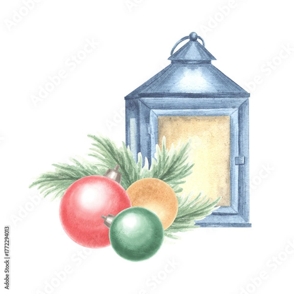 Fototapeta Cozy lantern with Christmas tree balls and spruce branches watercolor illustration. Vintage oil lamp for winter holiday greeting card design. Hand drawn isolated clipart for prints, wrapping, textile.
